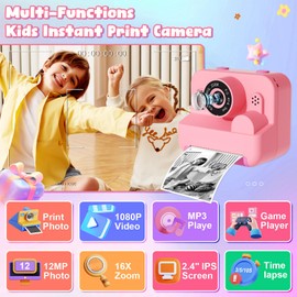 GKTZ Instant Camera for Children - Birthday Gift for Girls Aged 4 5 6 7 8 9 10 Years, Toy with 3 Rolls Photo Paper 1080P Camera Children's Camera with Printing Paper (Pink)