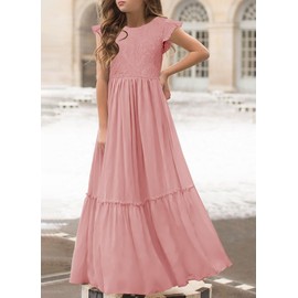 MITILLY Girls Lace Flower Ruffle Sleeve A-Line Swing Wedding Party Long Maxi Dress with Pockets 12 Years Pink