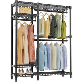 VIPEK V2S Heavy Duty Clothes Rack, Portable Metal Clothing Racks with 4 Tiers Adjustable Wire Shelving & 3 Hanging Rods, Freestanding Wardrobe Portable Closet Rack, Max Load 800LBS, Black