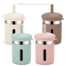 Beyoung Kids Cups with Straws and Lids, 12.5oz Stainless Steel Kids Straw Cups with Silicone Sleeves, Spill Proof, Durable Drinking Cups for Kid and Adults,4PACK (Beige+Brown+Green+Pink)