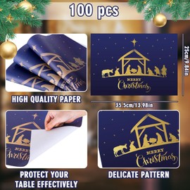 JarThenaAMCS 100Pcs Christmas Paper Placemats Merry Christmas Disposable Place Mats Nativity Scene Decorative Paper Table Mats for Home Kitchen Holiday Xmas Table Top Decor