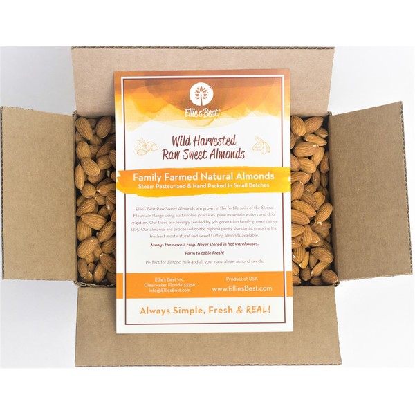 Raw Almonds Sweet Wild Harvested - Bulk - Naturally Steam Pasteurized 100% Natural Almonds - Family Farmed Since 1875 - Raw 10lb Box From Ellie's Best