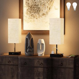 YIDPU Table Lamp for Bedroom with USB,Bedside Lamp with USB C+A Charging Ports,Adjustable 3color LED Light for Home Decor/Nightstand/Office,Included Bulb and Fabric Lamp Shade (Linen White, 2PCS)