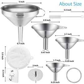 Toncoo 4 Pack Stainless Steel Funnels for Kitchen Use, Food Grade Cooking Funnel with 2 Strainer, Kitchen Funnel Set Metal Funnels for Filling Bottles