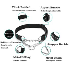 Martingale Dog Collar with Stainless Steel Chain, Adjustable Soft Padded Nylon Reflective Collar, No Pull Heavy Duty Chain Walking Training Colllars for Large, Medium, Small Dogs(Black, 16.5" - 27.6")