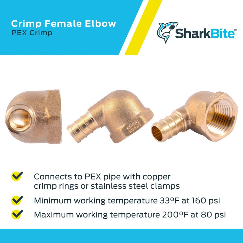 SharkBite 1/2 x 1/2 Inch FNPT Brass Crimp 90 Degree