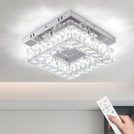 YPQXYHDA Dimmable Square Crystal Chandelier LED Mini Ceiling Light with Remote Flush Mount Small Chandelier Light for Hallway Foyer Kitchen Stair Closet, 3 Colors Adjustable Dimmable