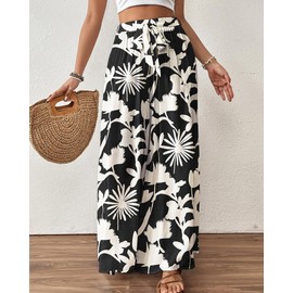 Bsubseach Wide Leg Pants Woman Flowy Floral Palazzo Pants for Women High Waisted Summer Casual Trousers Cruise Outfits Black Printed S