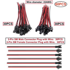 HAXIHA 30 Pairs JST SM 2-Pin Male and Female Connector Adapter with 150 mm Electric Cable for LED Light (Red Black)
