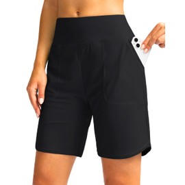 Viodia Women's 7" Swim Board Shorts High Waisted Modest Swimsuit Bathing Suit Beach Swimming Trunks for Women with Pockets Black