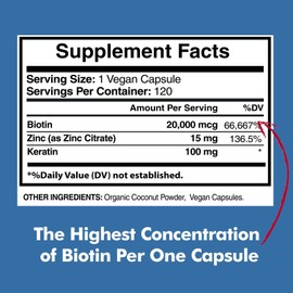 American Standard Supplements Biotin 20,000mcg + Keratin + Organic Coconut + Zinc - 120 Veggie Capsules - USA