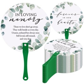 Teling 50 Pcs Funeral Favors Fans Memorial Paper Thick Paper Handheld Parlor Fans with Wooden Handle Hand for Funeral Services Condolence Sympathy Gift Supplies (Green Leaf)