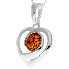 Genuine Cognac Baltic Amber & Sterling Silver Heart Pendant without Chain - GL357