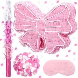 Gemscream 16 Inch Pink Bow Piñata with Blindfold Bat Stick and Confetti Coquette Party Supplies Bow Princess Birthday Party Decorations, Small Size