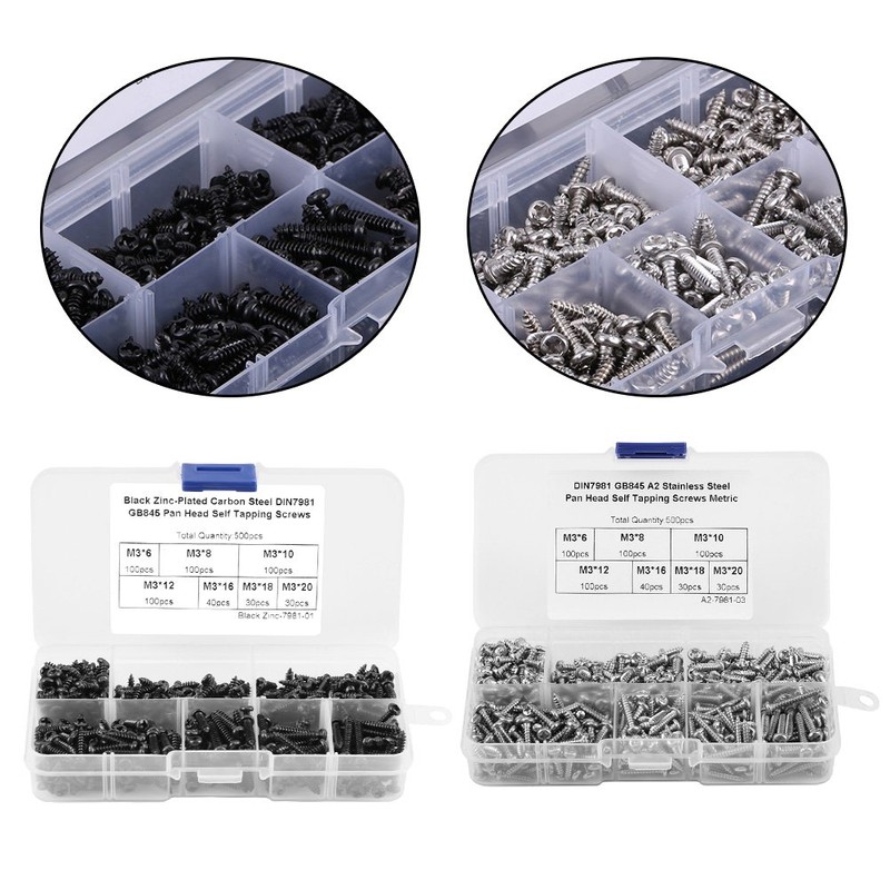 500PCS M3 Screws Assortment Kit,DIN Multi-Purpose Stainless Steel 304/ Carbon