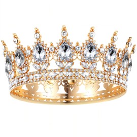 Grevosea Gold Crown for Women, Queen Crown Rhinestone Wedding Crowns and Tiaras Crystal Bridal Hair Accessories for Princess Party Birthday Costume Photo Props (Gold White)