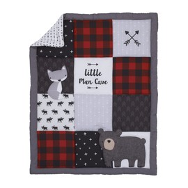 NoJo Little Love Little Man Cave Grey, Red, Black and Ivory, Bear, Fox, Moose, Buffalo Check and Arrows Rustic 3 Piece Nursery Mini Crib Set - Comforter and Two Fitted Mini Crib Sheets