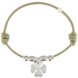 Les Poulettes – Bracelet Lucky 4 Leaves Clover – Sterling Silver on Waxed Cord – Beige Color
