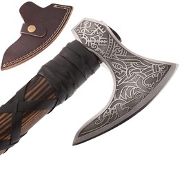 VIKING HOUSE | Viking Axe | Wolf & Vegvisir Carbon Steel Axe Head | Wolf Camp Axe | Genuine Leather Sheath & Wrap | Bearded Axe | Ragnar Lothbrok Axe...