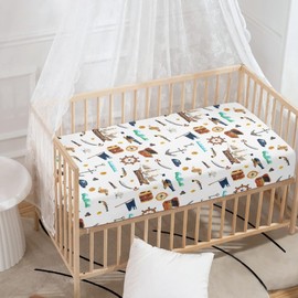 JEPFEIXIA Watercolor Pirate Ship Fitted Crib Sheet for Boys Girls Map Anchor Flag Helm Telescope Baby Sheet for Standard Crib and Toddler Nursery Bed Mattress Sheets 28"x52"