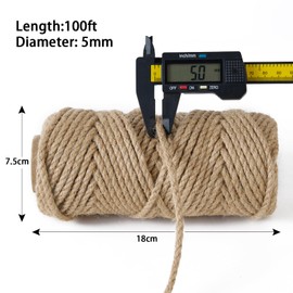 Natural Jute Twine 5mm 100 Feet Crafting Twine String for Crafts Gift, Craft Projects, Wrapping, Bundling, Packing, Gardening and More, Jute Rope to Use Around The House and Garden