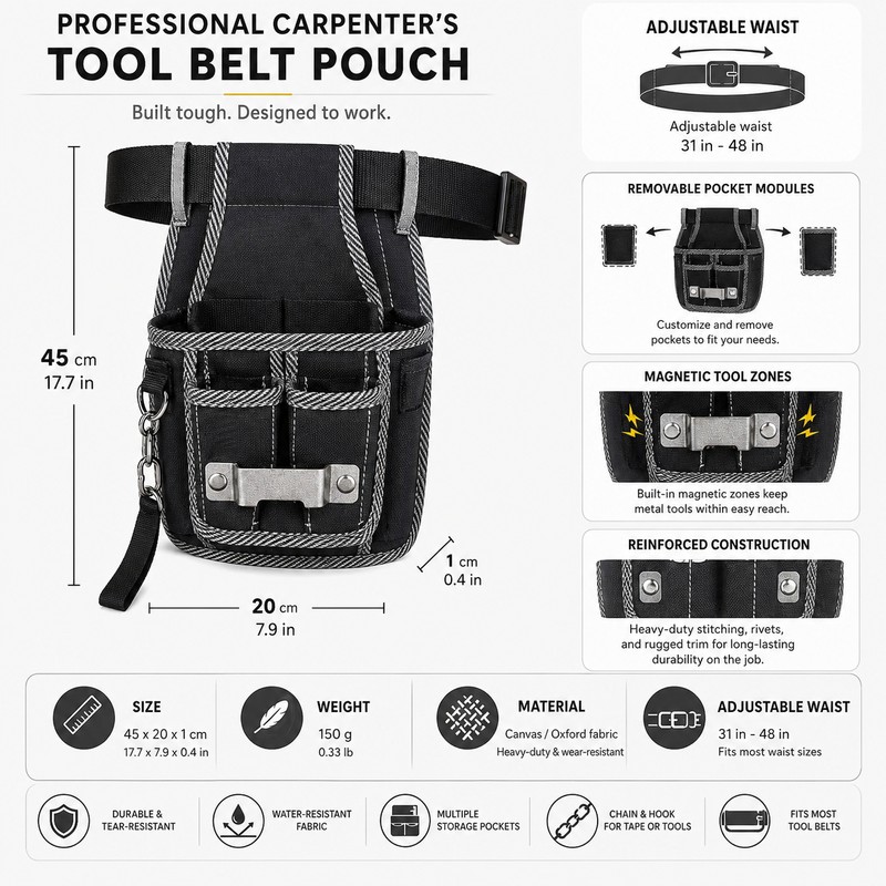 Magnetic Tool Belt Pouch for Home Improvement – 26-Pocket Adjustable