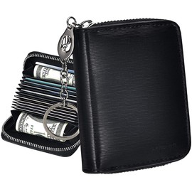 Modazon Credit Card Holder RFID Blocking, Mini Wallet Compact Size with Elastic Coin Pocket, ID Window, Leather Card Cases with Zipper for Women Men, Key Chain (Black)