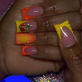 RUOKEXIN Fall Press on Nails Medium Length Fake Nails Duck False Nails with 3D Designs Orange French Tip Nail Press ons Sparkly Acrylic Artificial Nails for Women 24Pcs