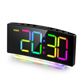 HERMIC Alarm Clock, Digital LED Alarm Clock with 7 Colours RGB Night Light, Mains Operated Digital Alarm Clock with 8 Colours Digital Display, 2 Alarms, Snooze, 12/24 Hours, Adjustable Volume and Brightness (Includes Adapter)