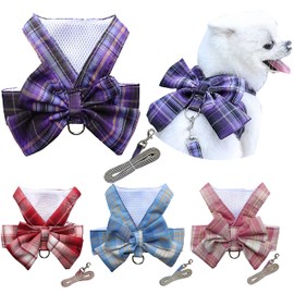 Petbuy Plaid Dog Dress Bow Tie Harness Leash Set,Dog Clothes Harness Dress with Leash Ring for Small Dogs Girl, Puppy Princess Rabbit Clothes Chihuahua Yorkies Pet Outfits (Purple, X-Large)