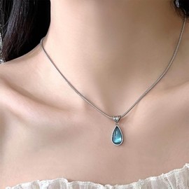 Allereya Vintage Sapphire Oval Pendant Necklace Blue Tears Necklace Silver Water Drop Necklace Round Snake Chain Necklace Jewellery for Women and Girls, Zinc, No Gemstone