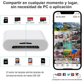 Kammoy Lector de Tarjetas de Memoria 2 en 1, Lector de Tarjetas SD para iPhone/iPad/Cámara Digital, con Ranuras para Tarjetas Micro SD y SD Compatible con SD/MicroSD/SDHC/SDXC/MMC (White)