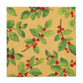 Caspari Painted Holly Gold Recycled Luncheon Napkins - Includes 12 Packs of 20 Luncheon Napkins