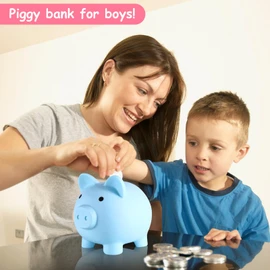 PJDRLLC Large Piggy Bank, Unbreakable Plastic Money Bank, Coin Bank for Girls and Boys, Large Size Piggy Banks, Practical Gifts for Birthday, Easter, Christmas (Blue)