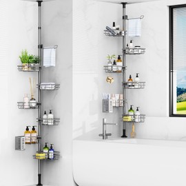 Mixoo Corner Shower Caddy Tension Pole - Adjustable 30 to 120 Inch Shower Organizer with 6 Shelves, Towel Rack, Toothbrush Holder, Soap Dish, Bathroom Corner Storage for Shower, Bathtub (Gray)