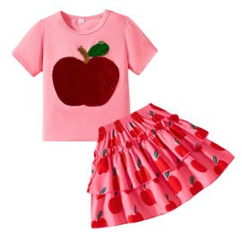 GOTHLETIC Toddler Girls Skirt Shirt Set Sequins Apple Top Shirred Layered Skirt 2pc Summer Outfits Kids School Clothes 5T/1965