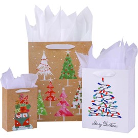 SUNCOLOR Paquete de 9 bolsas de regalo de Navidad de varios tamaños con papel de seda (3 grandes de 13 pulgadas, 3 medianas de 9 pulgadas, 3 pequeñas de 6 pulgadas, marrón)