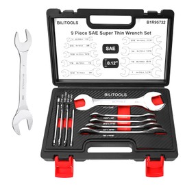 BILITOOLS Super-Thin Wrench Set, 9 Piece SAE Open End Wrench Set, Including 1/4, 9/32, 5/16, 3/8, 11/32, 13/32, 7/16, 1/2,19/32, 5/8, 9/16, 11/16, 3/4, 13/16, 7/8, 15/16, 1, 1-1/16, with Storage Box