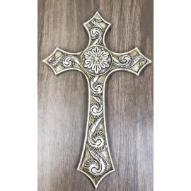 Rustic Western Silver Concho With Ornate Shell Pattern Wall Cross Decor Plaque