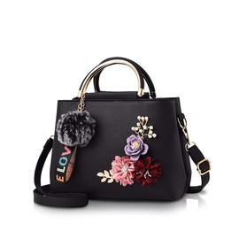 NICOLE & DORIS Women Leather Handbag Shoulder Bags with Flower Vintage Handle Bag Designer Tote Purse with Pompom Black