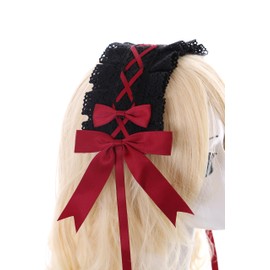 C-07-3 Black Red Maid Lolita Headband with Bow Gothic Hair Accessories Headband