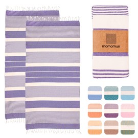 MOMOMUS Pack von 2 Fouta XL oder Strandhandtuch Baumwolle 100% - Saugfähig, Ultraweich, Kompakt - Strandtuch Fransen und Hamamtuch Dünn Sauna, Spa und Pool - Lila, 90x180cm