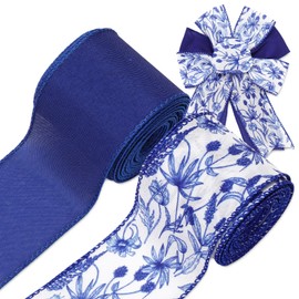 JarThenaAMCS Blue Floral Wired Edge Ribbon Rustic Flower Ribbon Chinoiserie Botanical Fabric Ribbon for Wreath Bow Making DIY Crafts Wrapping, 2 Rolls, 20 Yard