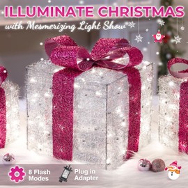 Quntis Light up Present Boxes Christmas 140 LEDs, Set of 3 Christmas Lighted Gift Boxes with 8 Modes and Timer, Plug in Pink Christmas Decorations, Light up Xmas Decorations for Indoor Outdoor