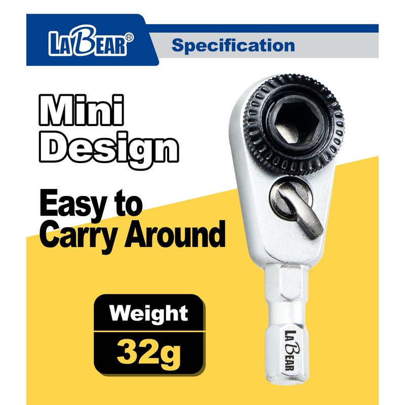 LABEAR 2-in-1 Mini Ratchet Wrench Adapter, Magnetic 1/4" Hex Bit