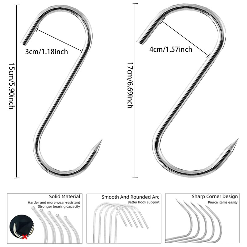 Seasboes S-Hooks, 15 Pieces Butcher Hooks, Butcher Hooks with Pointed