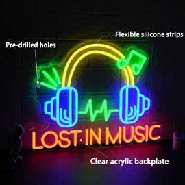 AEHEMNGZ Lost in Music Neon Sign for Wall Decor Colourful Headphone LED Light Sign with Usb Powered Funny Music Light Up Sign for Bedroom Bar Pub Club Party Game Room (16.54 * 12.6 in)