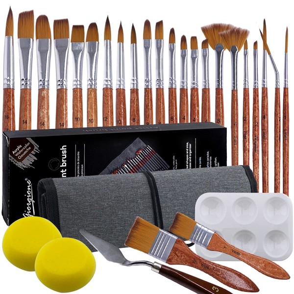 Withosent Acrylic Paint Brush Set, 29 Pieces, Artist Brush Set, Artist Brush Including 24 Brushes, Mixing Palette, 2 Sponge, Spatula, Detail Painting Brush, for Body Painting, Acrylic, Watercolour
