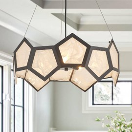 VANZARLA Black Modern Chandelier for Dining Room, 5-Light Glass Chandeliers for Bedroom, Drum Pendant Light Fixtures for Entryway Living Room Hallway Foyer