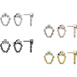 PIERCINGLINE Titanium Attachment with Push Pin 3 Crystal and Chain without Labret Stud Piercing Nose Ear Nose Choice of Colours, Titanium